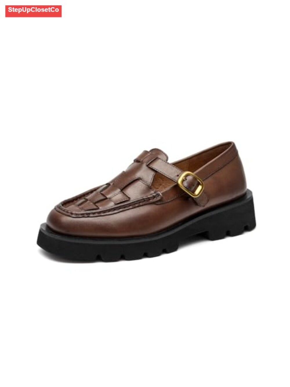 Hand Woven Leather Platform Loafers T-Strap Lug Sole Slip-On Dress Shoes